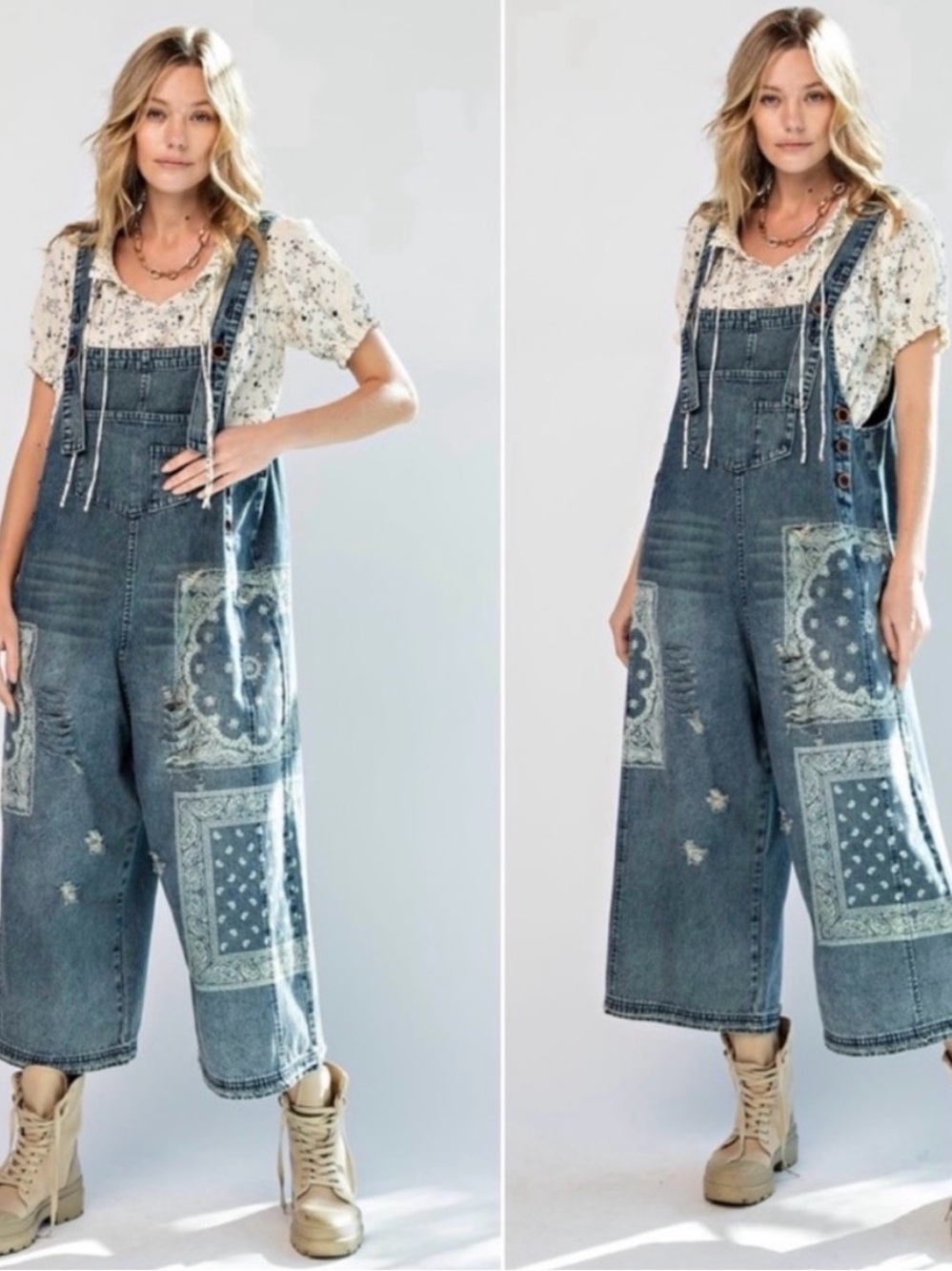 Easel Denim Bandana Patch Wide-Leg Overalls - Blue - Picture 14 of 14